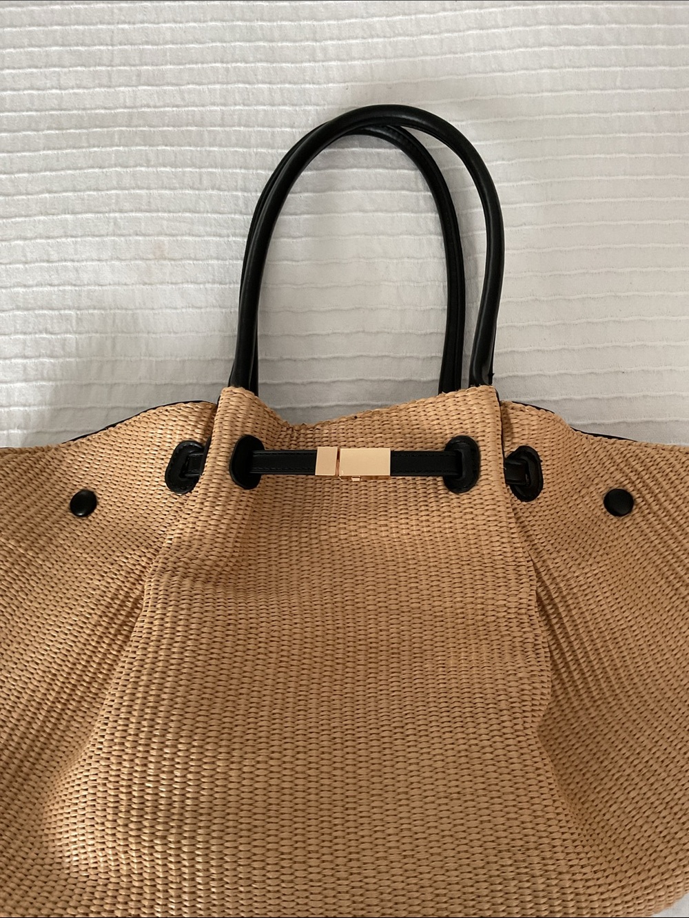 Urban Expressions Classic Tan Woven Tote Bag with Black Handles - Picture 2 of 10